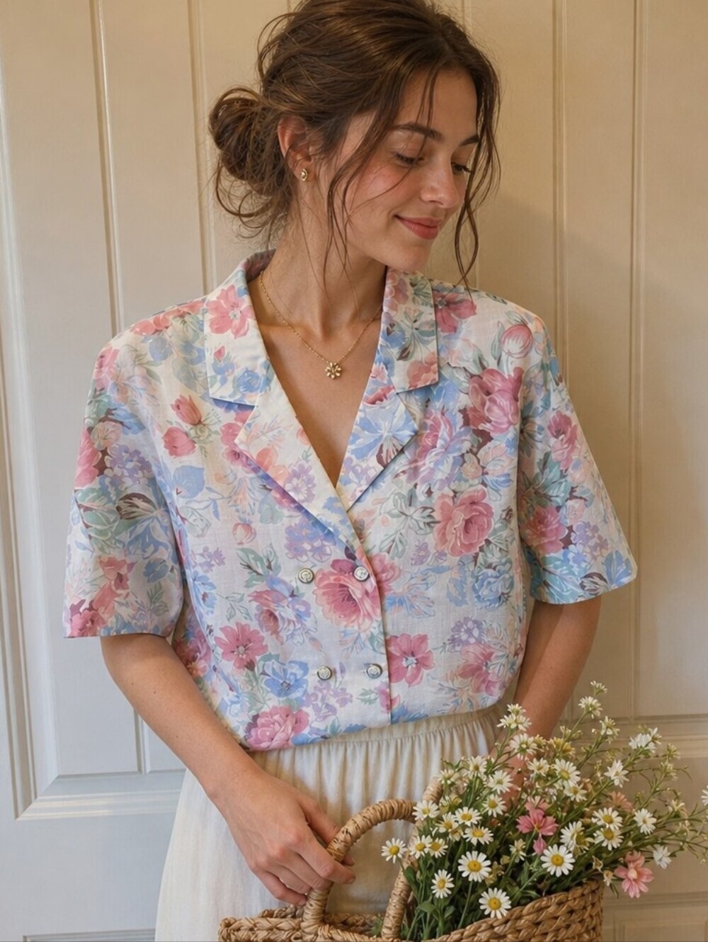 VINTAGE California Connection Floral Blouse NWT Double Breasted Pastel Large - Picture 1 of 12